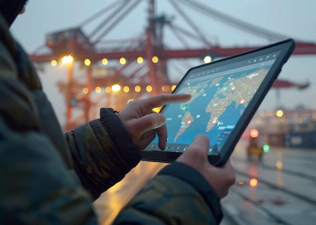 Intermodal services monitored on a tablet at a container port