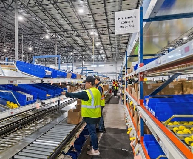 Employees picking and packing items on organized shelves