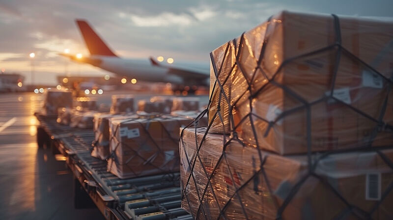 Air cargo packages on a tarmac