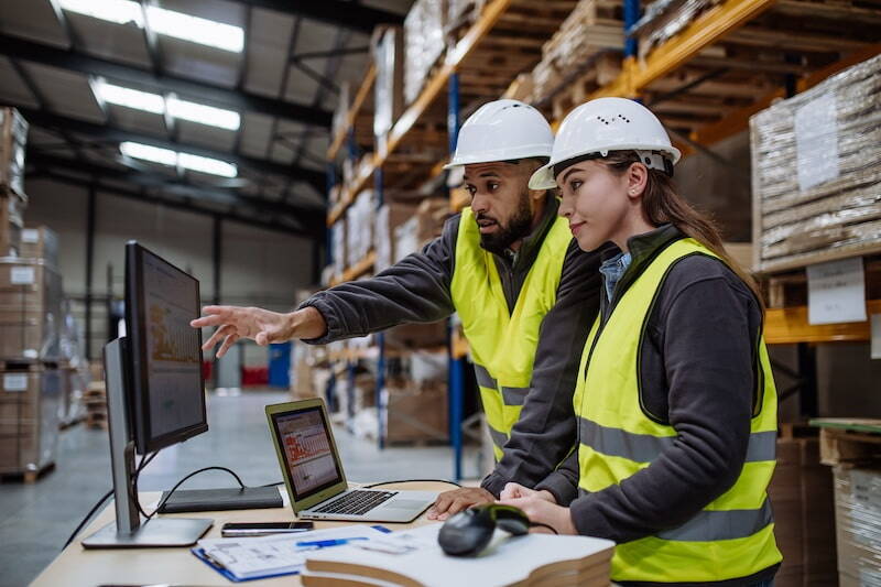 Two logistics workers looking at a computer in a warehouse
