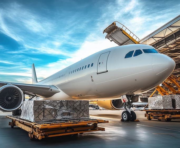Cargo being loaded into an airplane on the tarmac